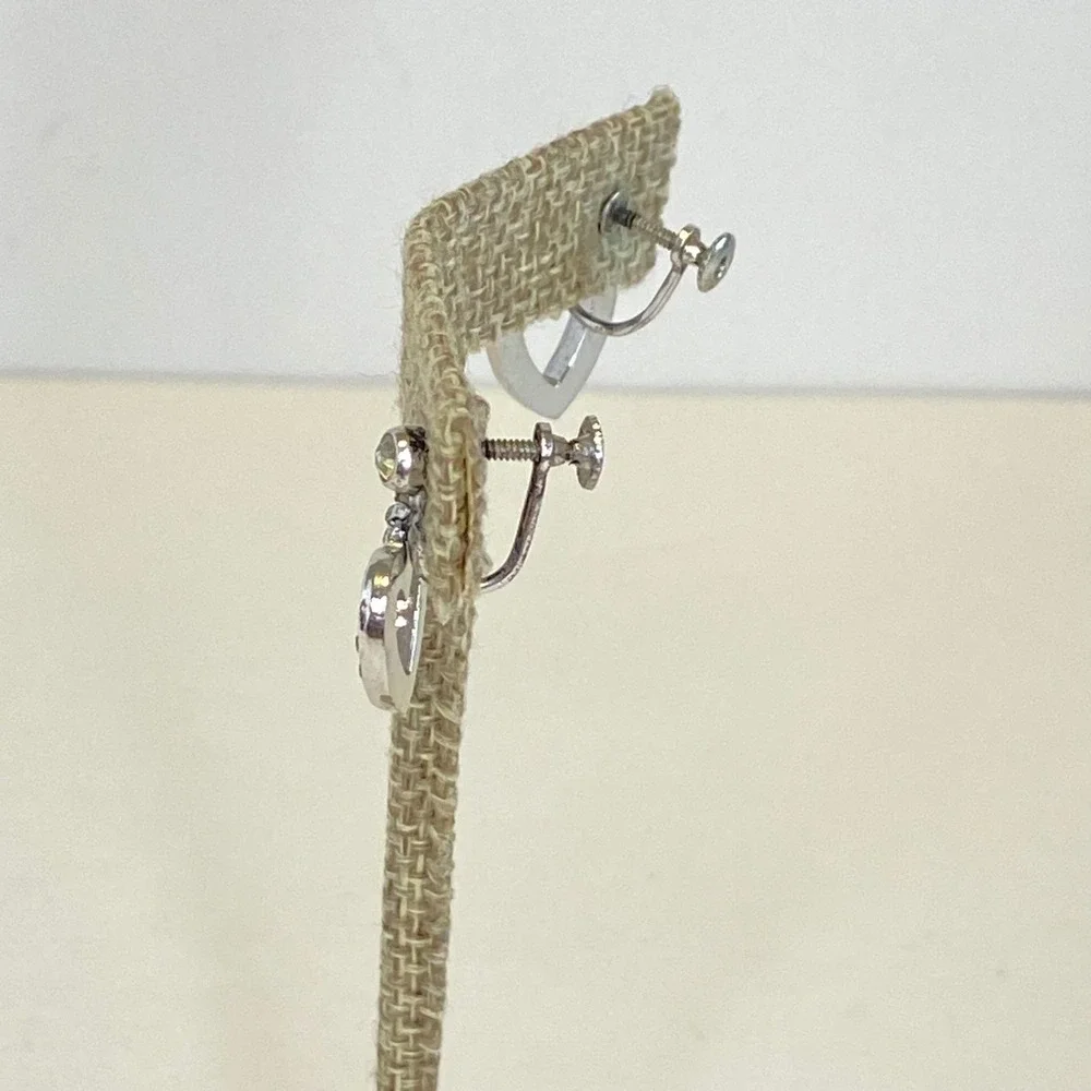 Vintage Sterling‎ Silver Rhinestone Heart Screw Back Earrings Romantic Bridal